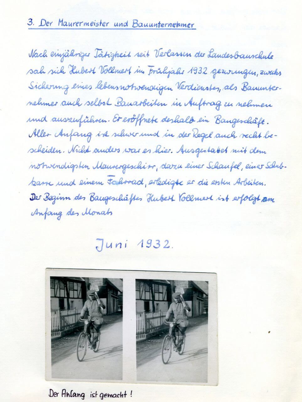 Handschriftlicher Tagebucheintrag zur Gründung im Jahr 1932